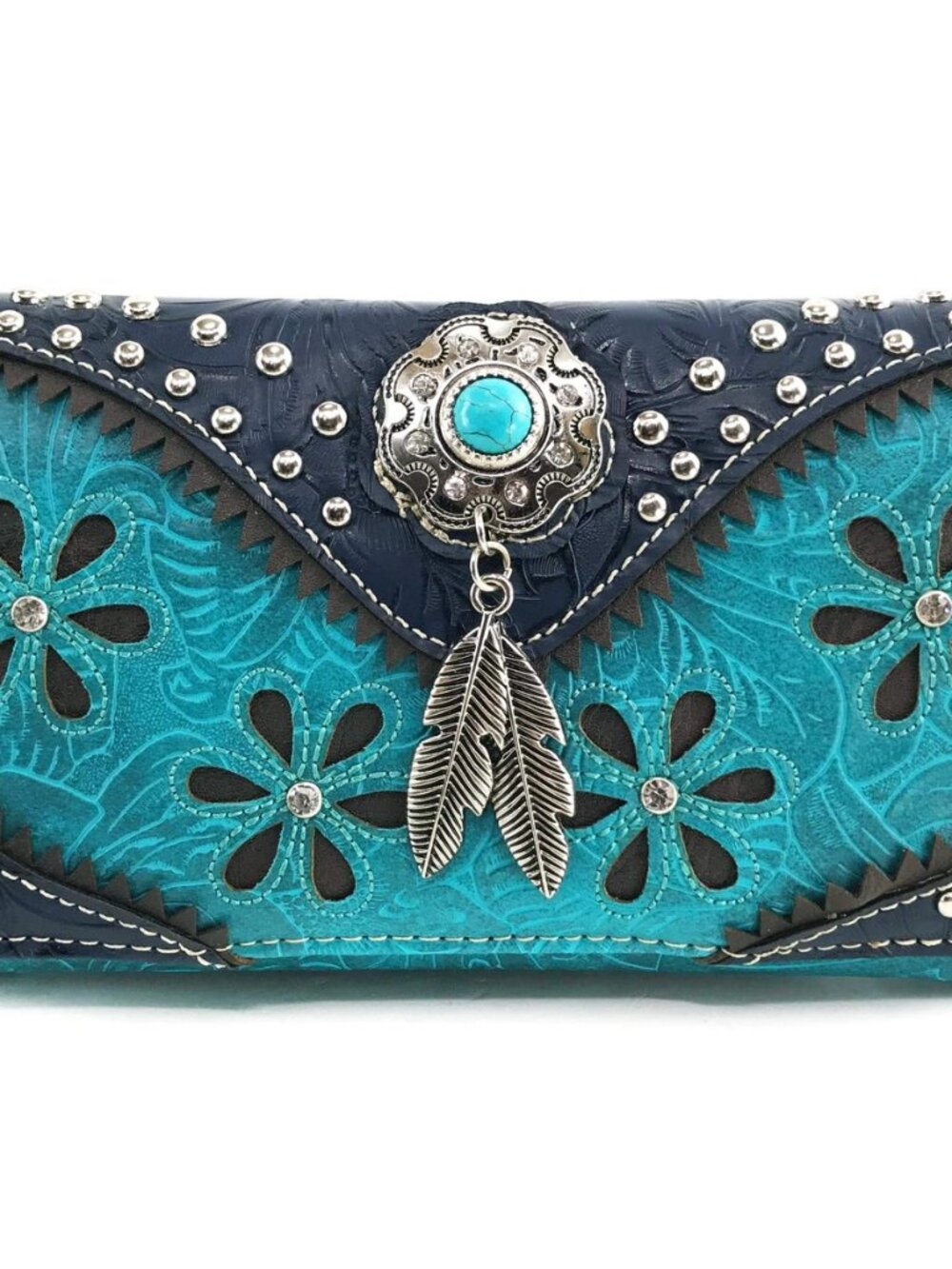 Floral Western Pu Tooled Leather Turquoise Concho Feathers Crossbody Trifold